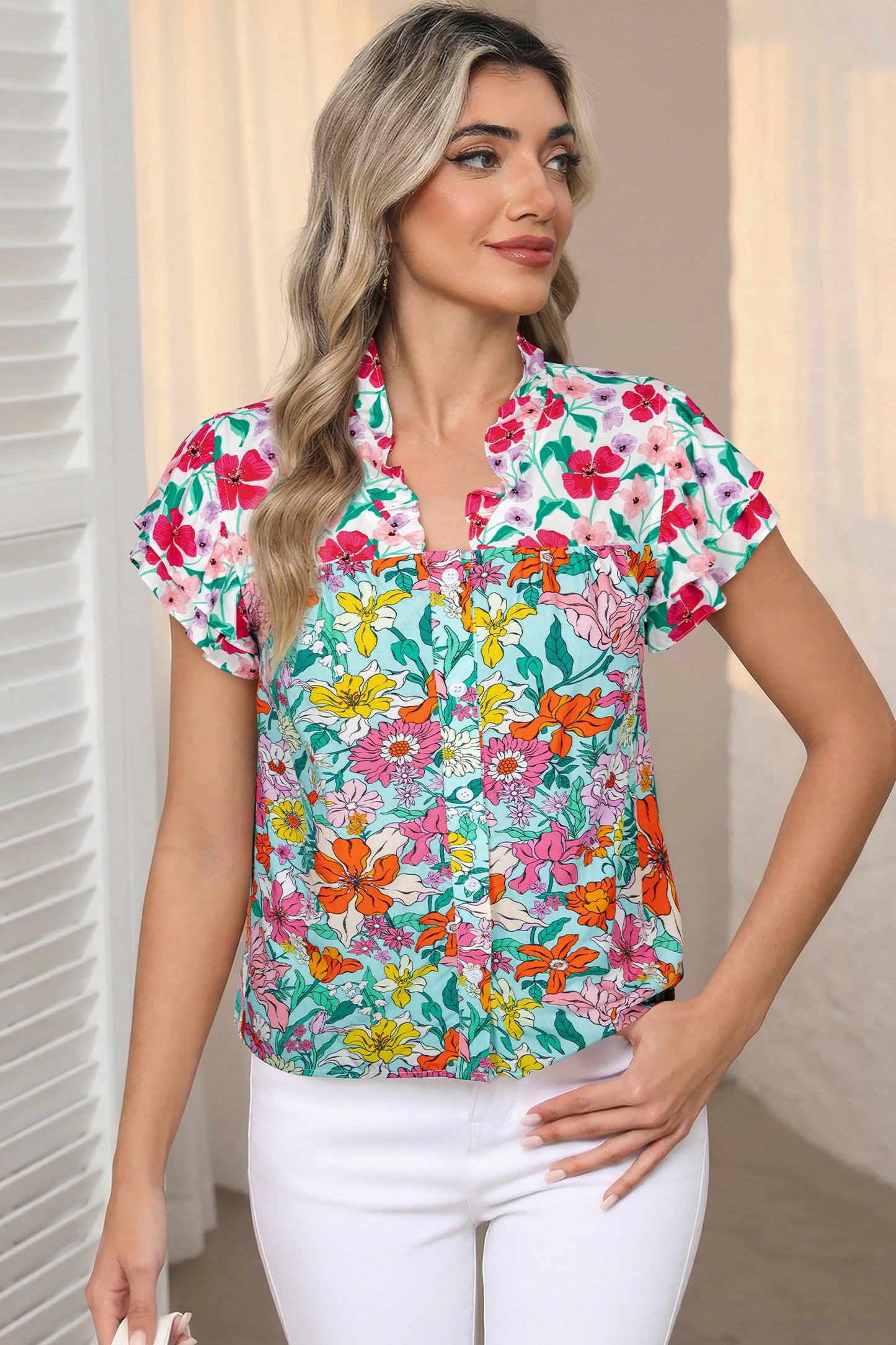 Sky Blue Floral Print Split Neck Button Front Flutter Sleeve Blouse
