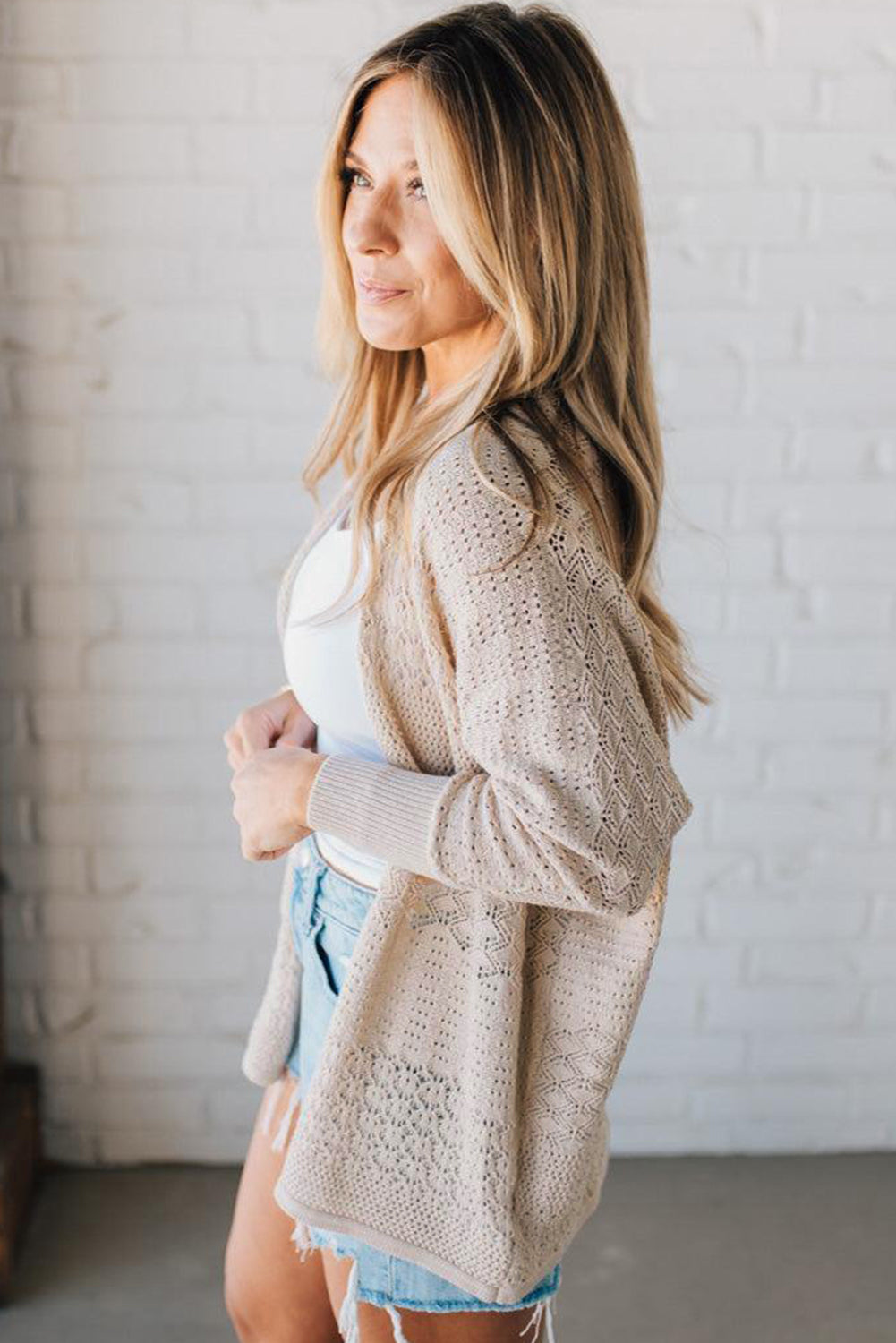 Beige Hollow Knit Cardigan
