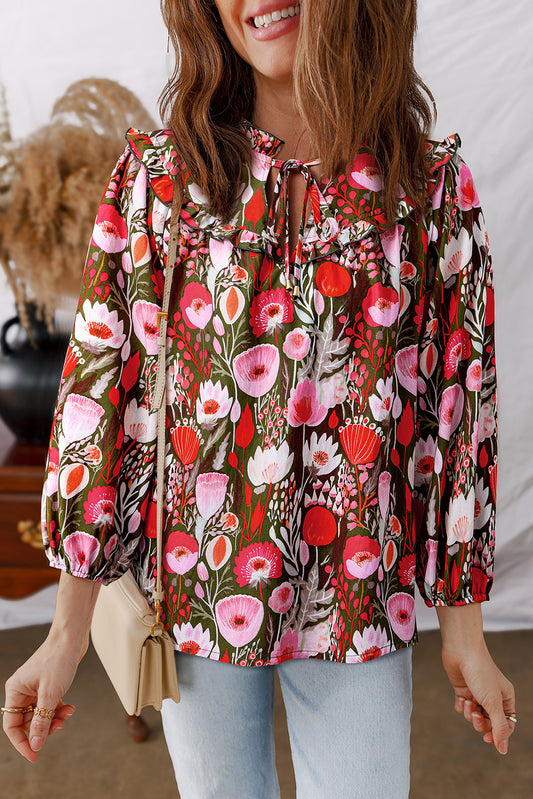 Red Floral 3/4 Sleeve Lace-up Blouse