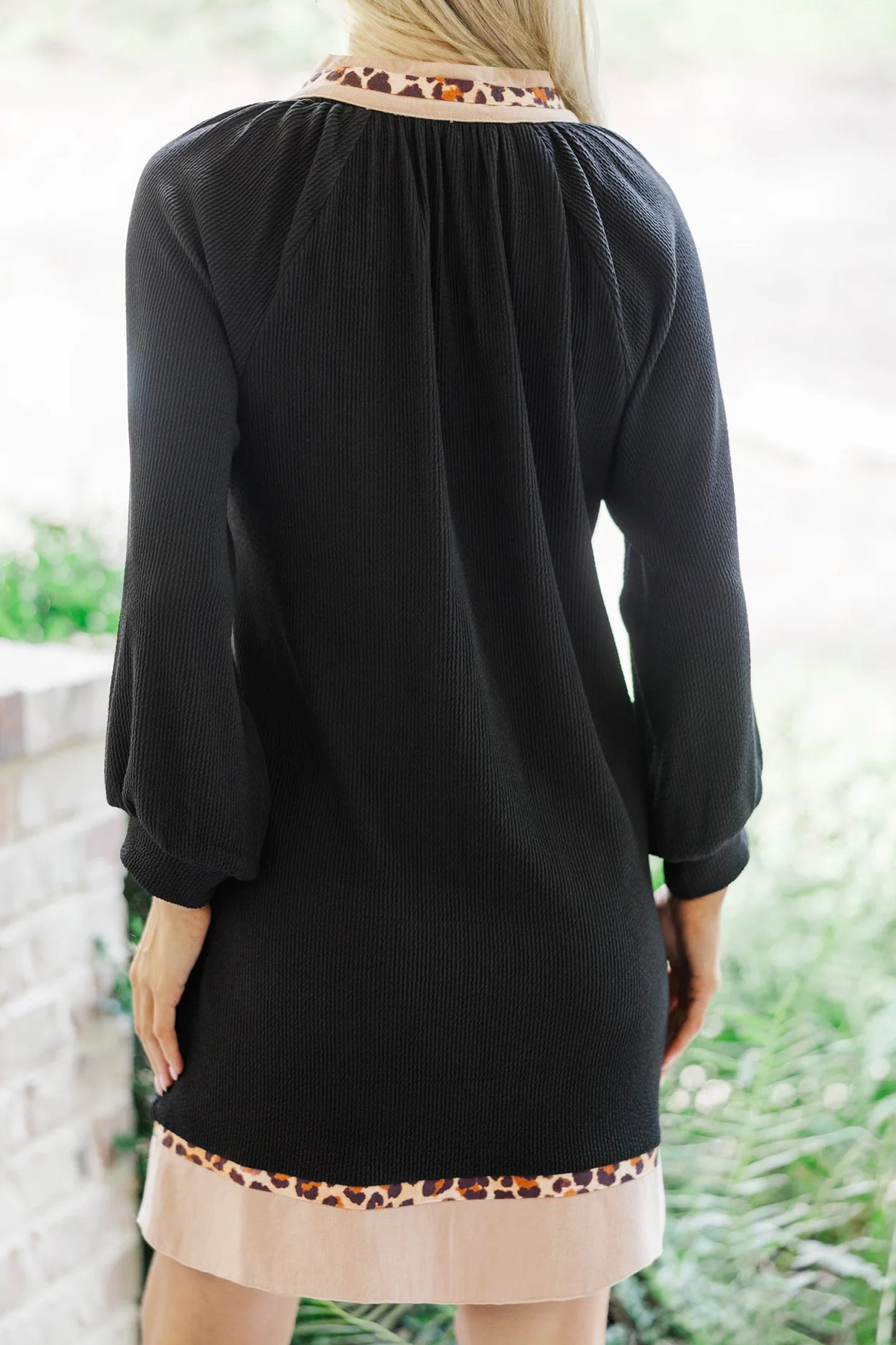 Black Leopard Trim Plus Size Ribbed Dress