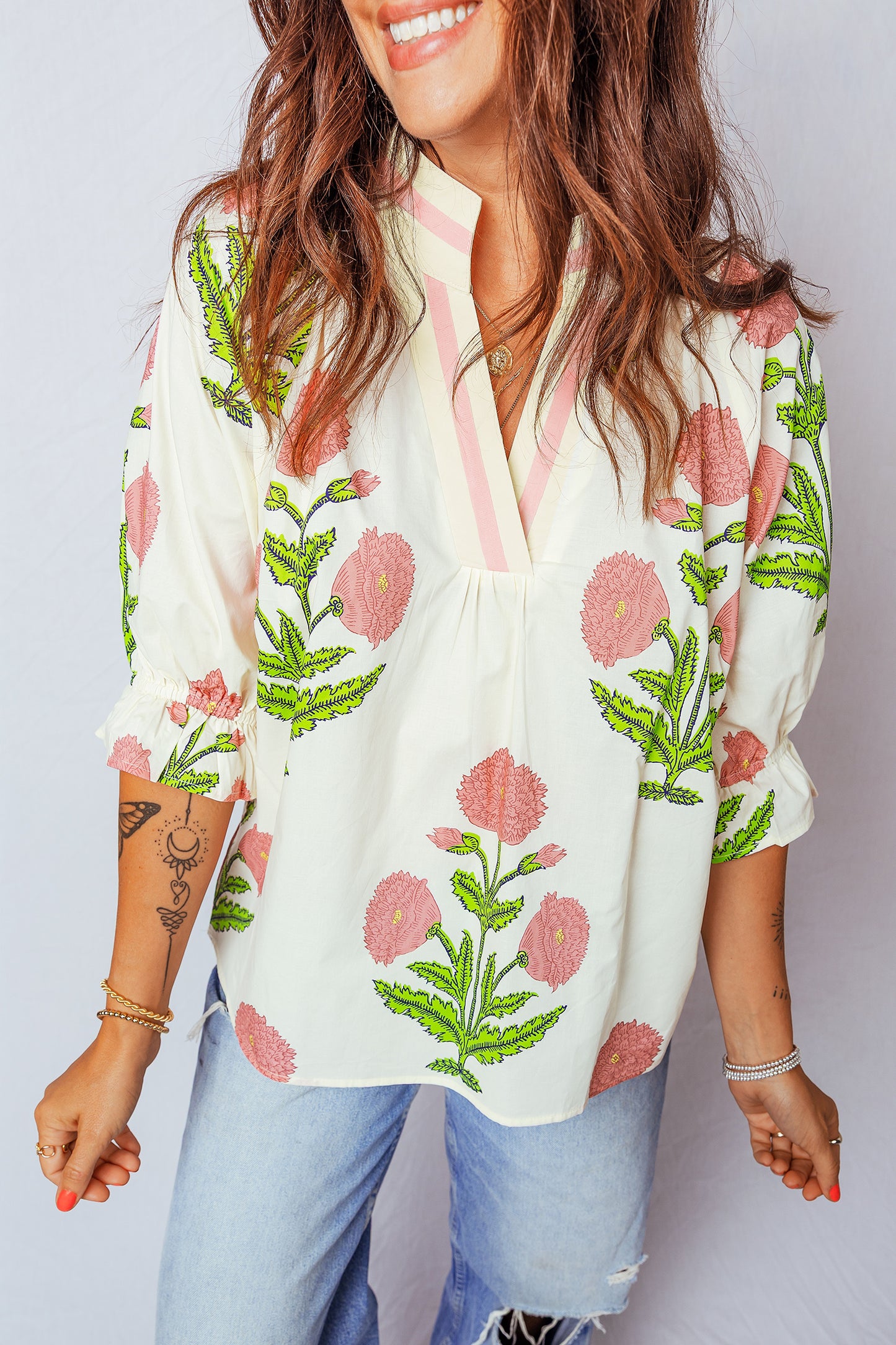 Wild Flower Print V Neck 3/4 Sleeve Blouse