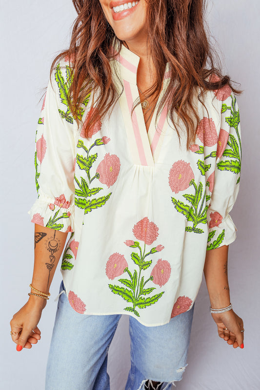Wild Flower Print V Neck 3/4 Sleeve Blouse