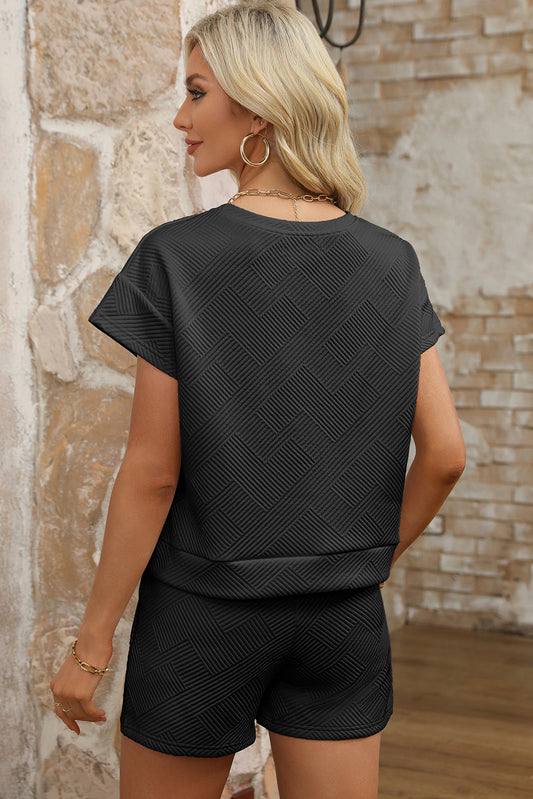 Black Textured Short Sleeve Top and Shorts Set