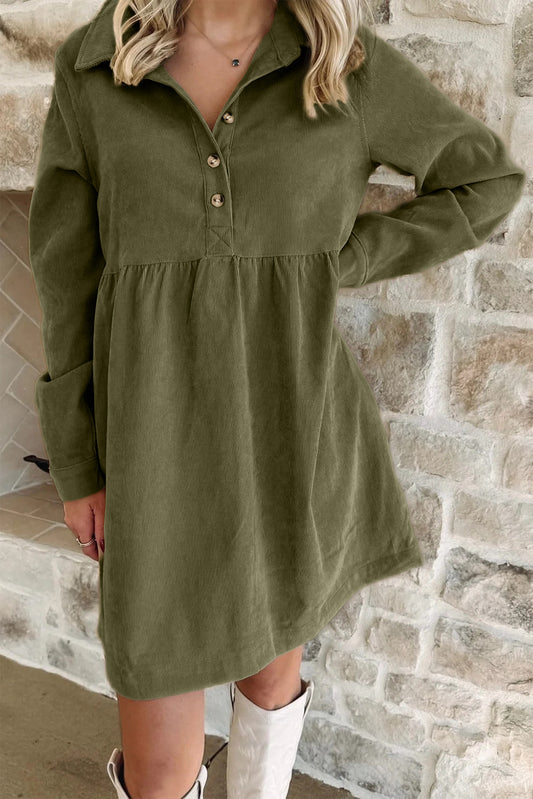 Green Corduroy Collared Mini Dress