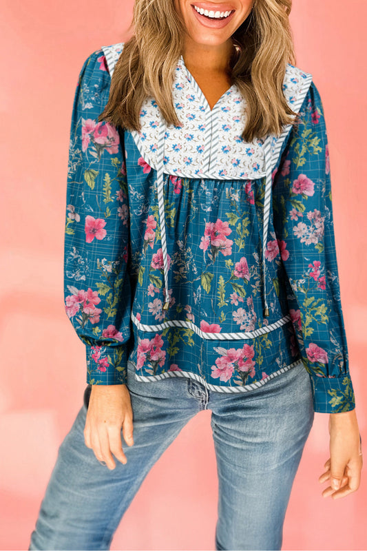 Sky Blue Floral Print Puff Sleeve Blouse