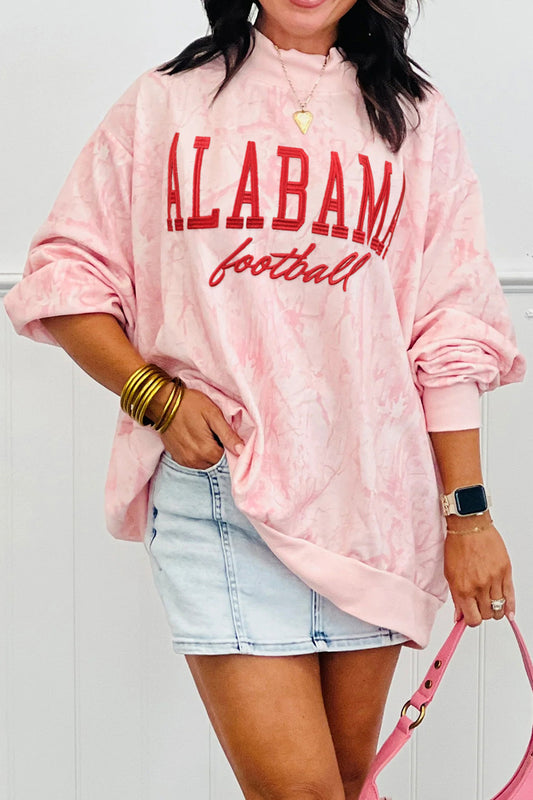Pink Tie Dye ALABAMA football Embroidered Graphic Mock Neck Sweatshirt
