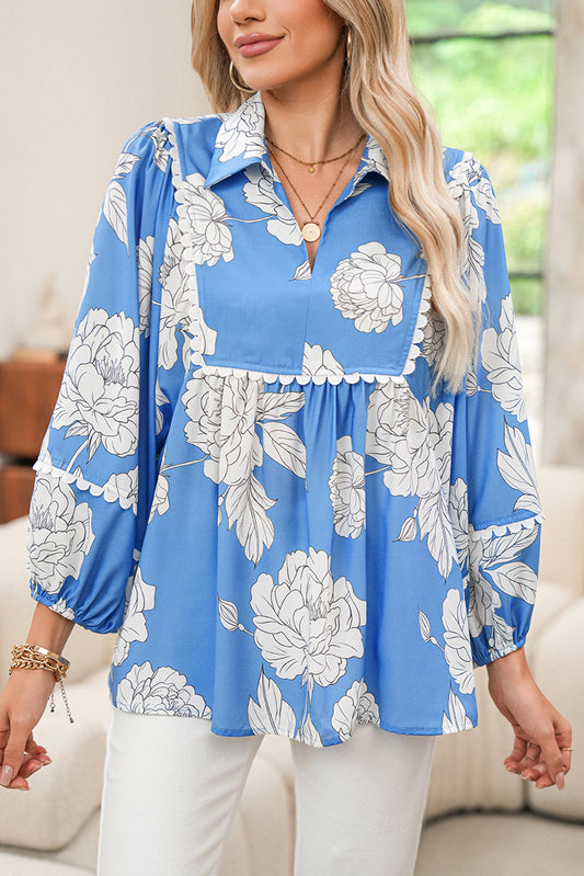 Sky Blue Floral Print V-Neck Scallop Detail Long Sleeve Blouse