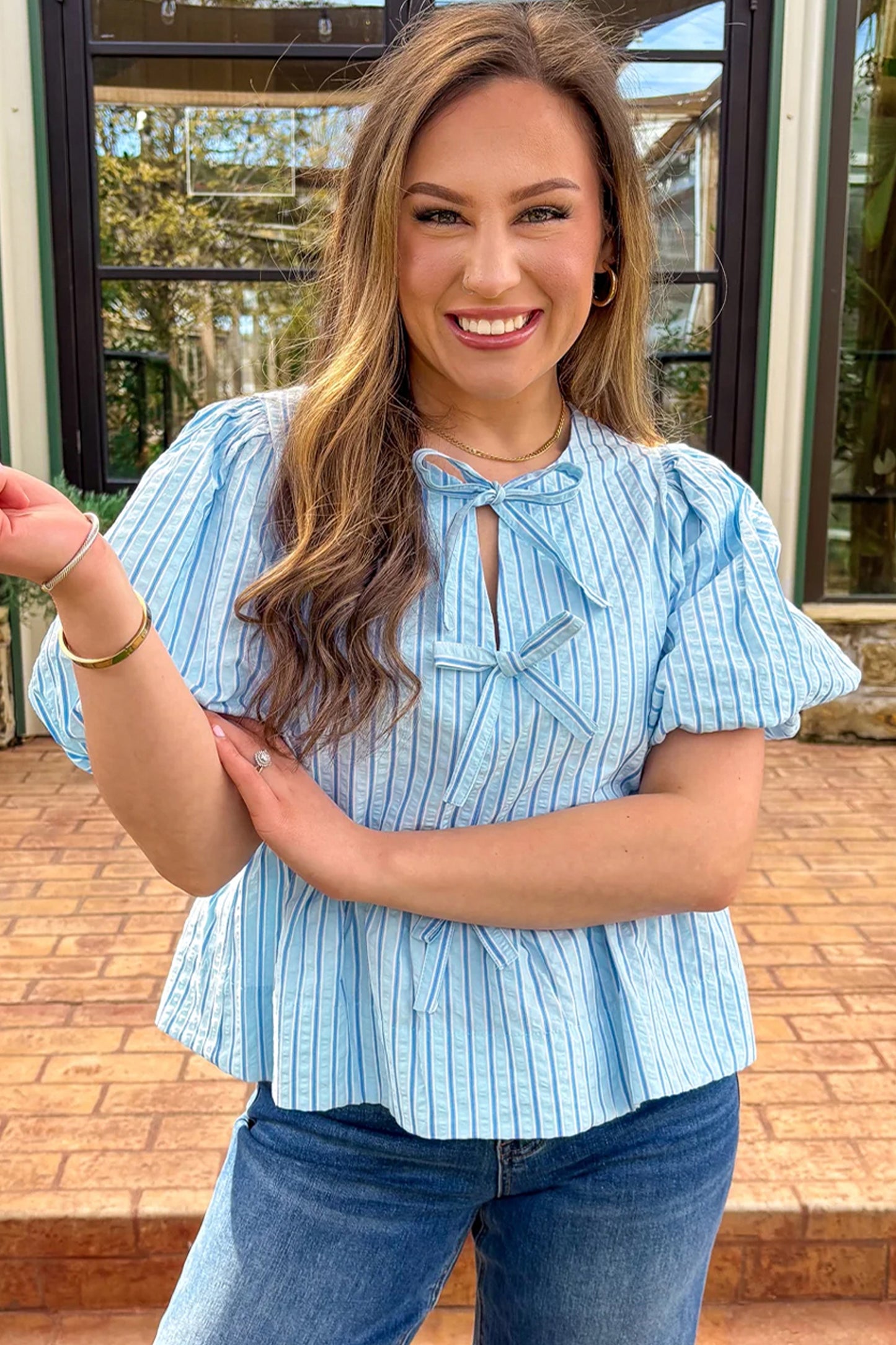 Blue Stripe Bow Knot Short Puff Sleeve Blouse