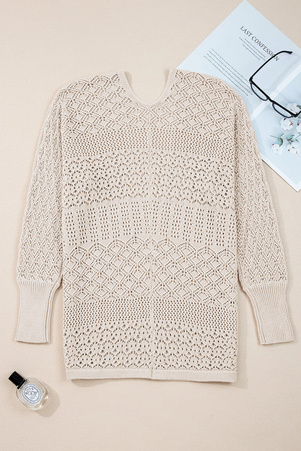 Beige Hollow Knit Cardigan