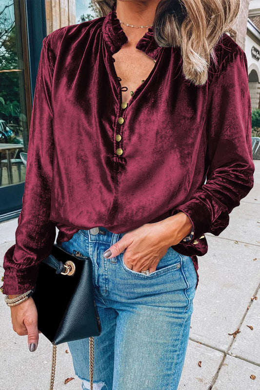 Red Frilled Buttoned Velvet Blouse