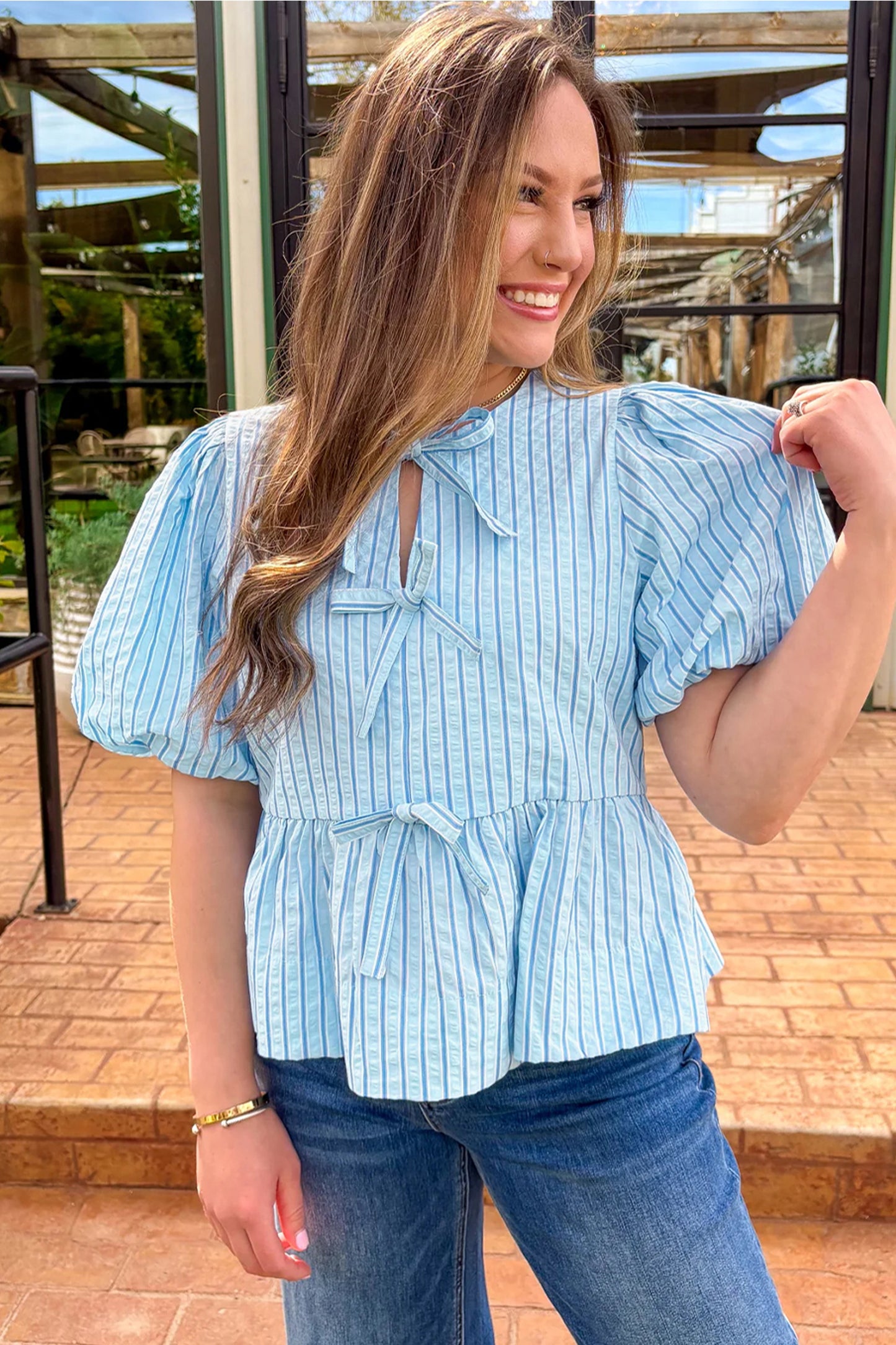 Blue Stripe Bow Knot Short Puff Sleeve Blouse