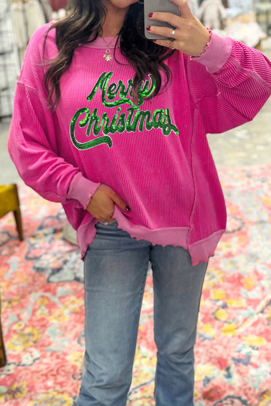 Pink Ribbed Merry Christmas Sequins Top