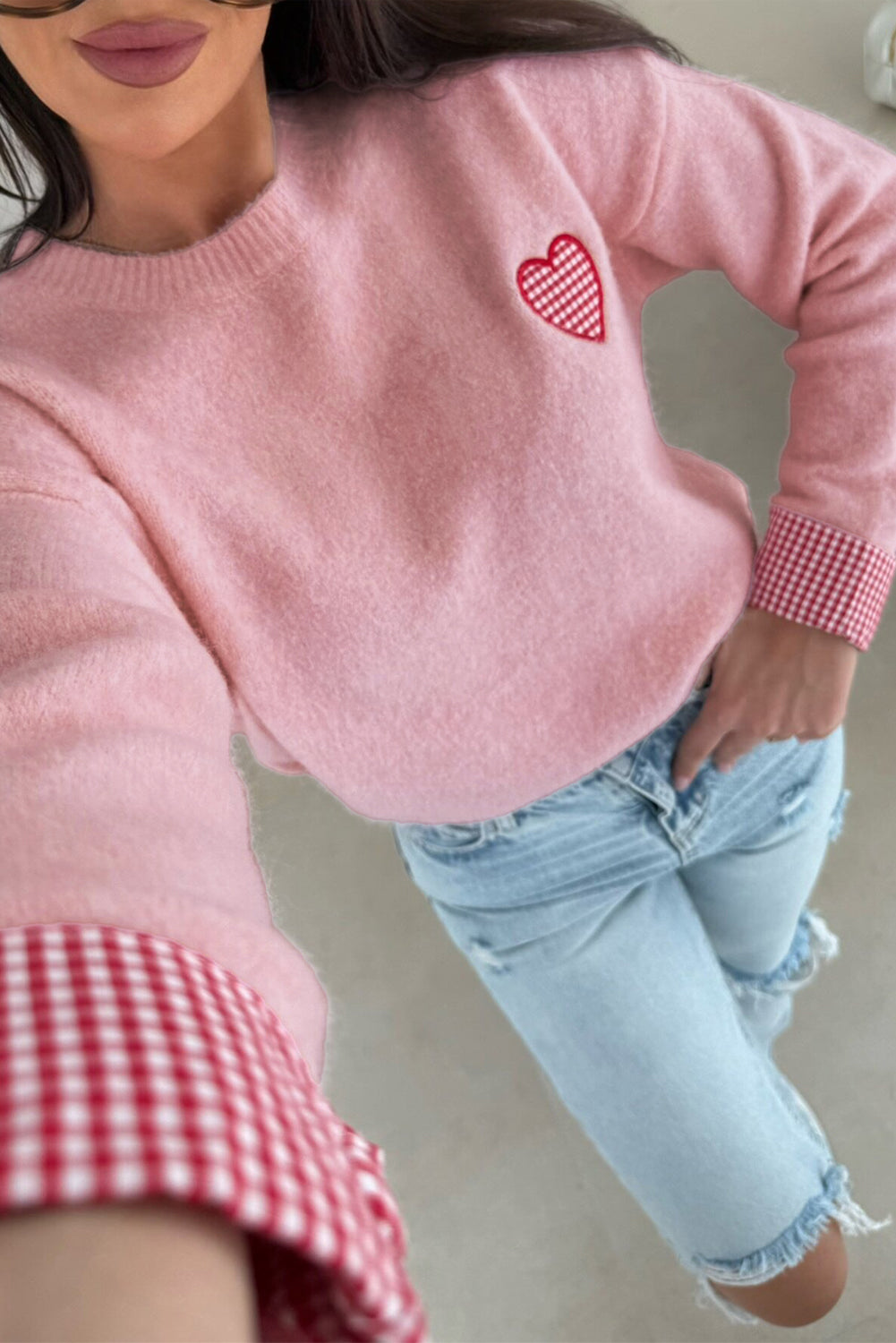 Pink Plaid Heart Embroidered Sweater