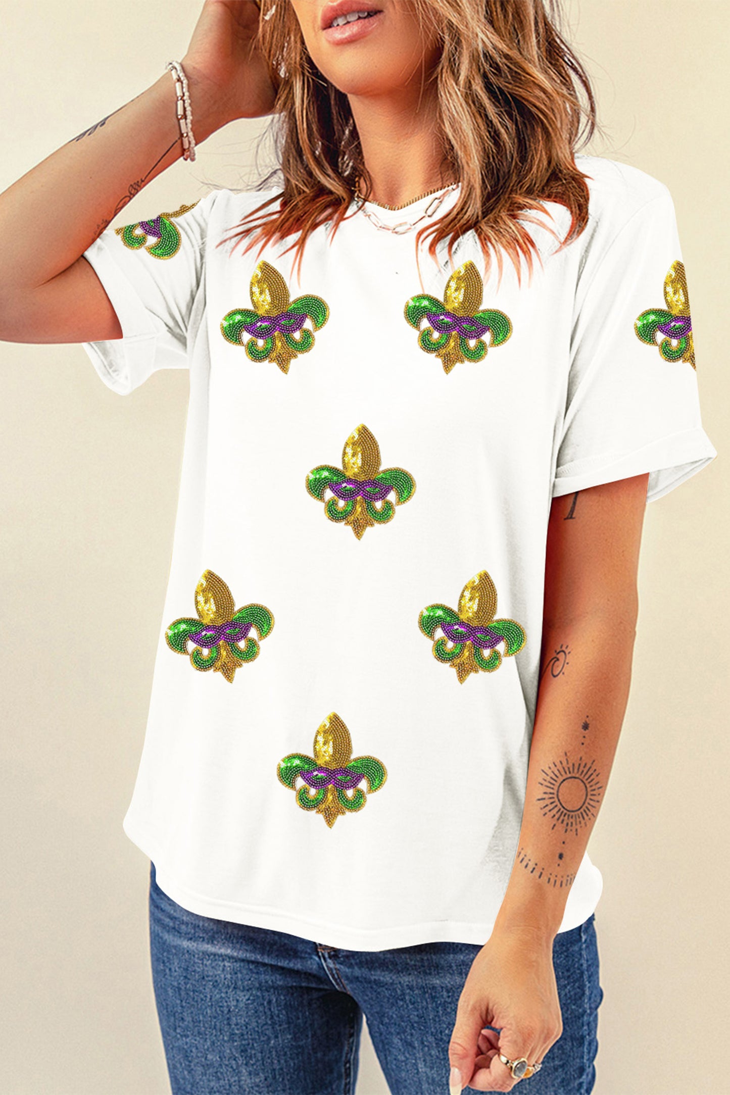 White Mardi Gras Fleur De Lis Patterned T Shirt