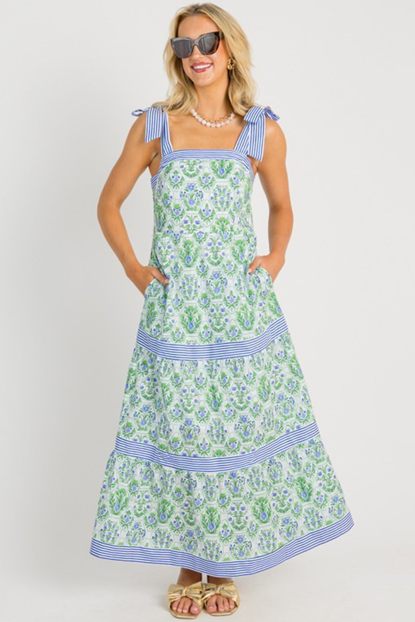 Green Geometric Floral Print Striped Patchwork Detail Sleeveless Dress（Runs Small ）