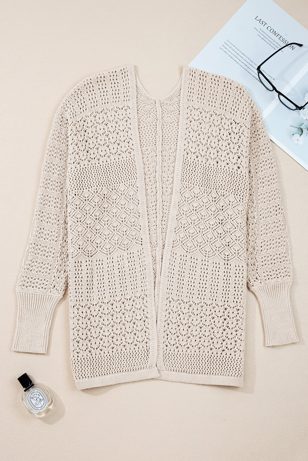 Beige Hollow Knit Cardigan