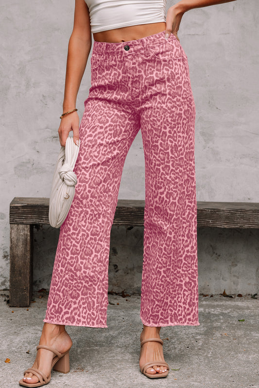 Rose Leopard Frayed Wide Leg High Waist Jeans