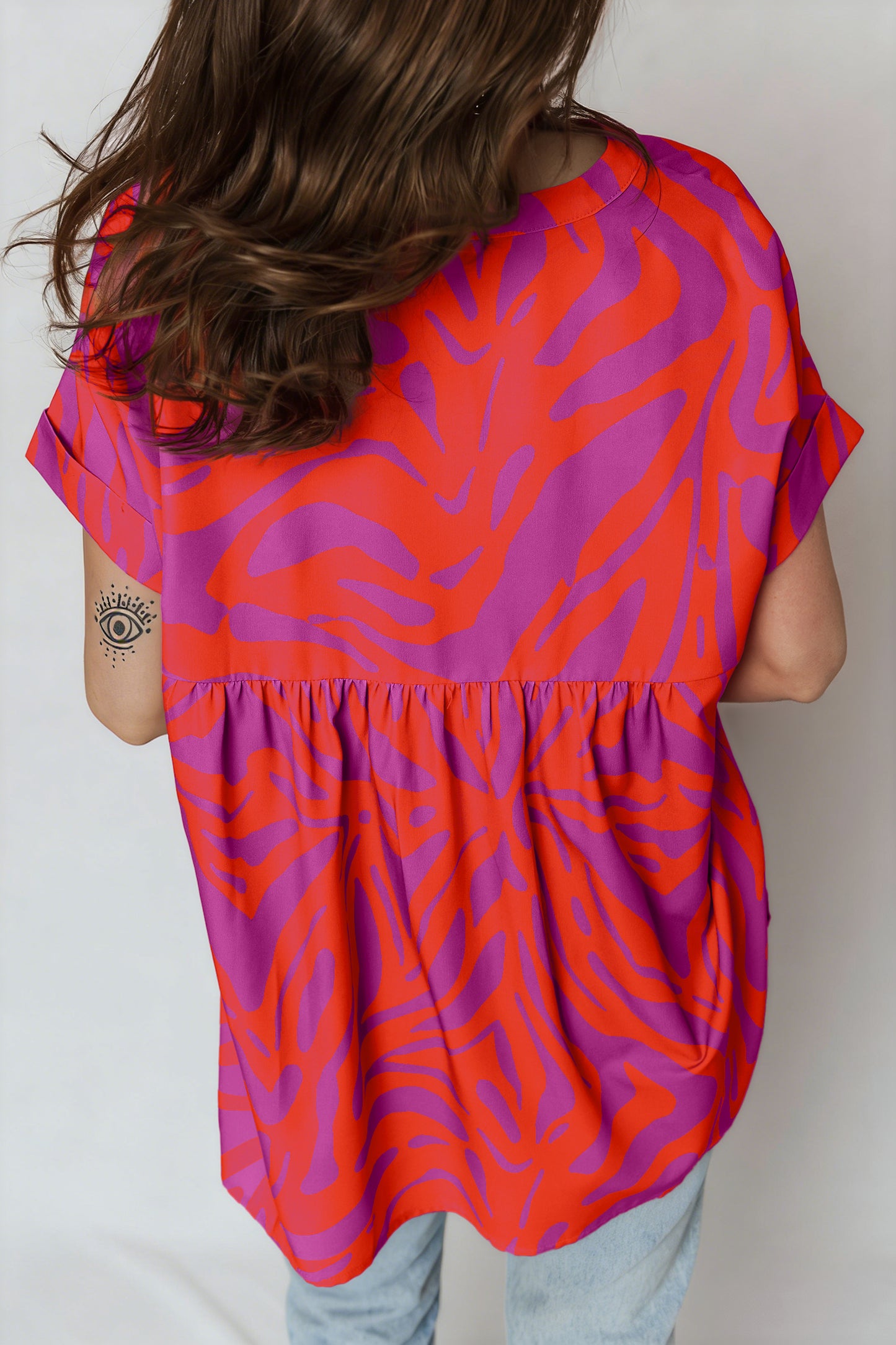 Multicolour Abstract Print V Neck Cuffed Short Sleeve Shift Slit Blouse