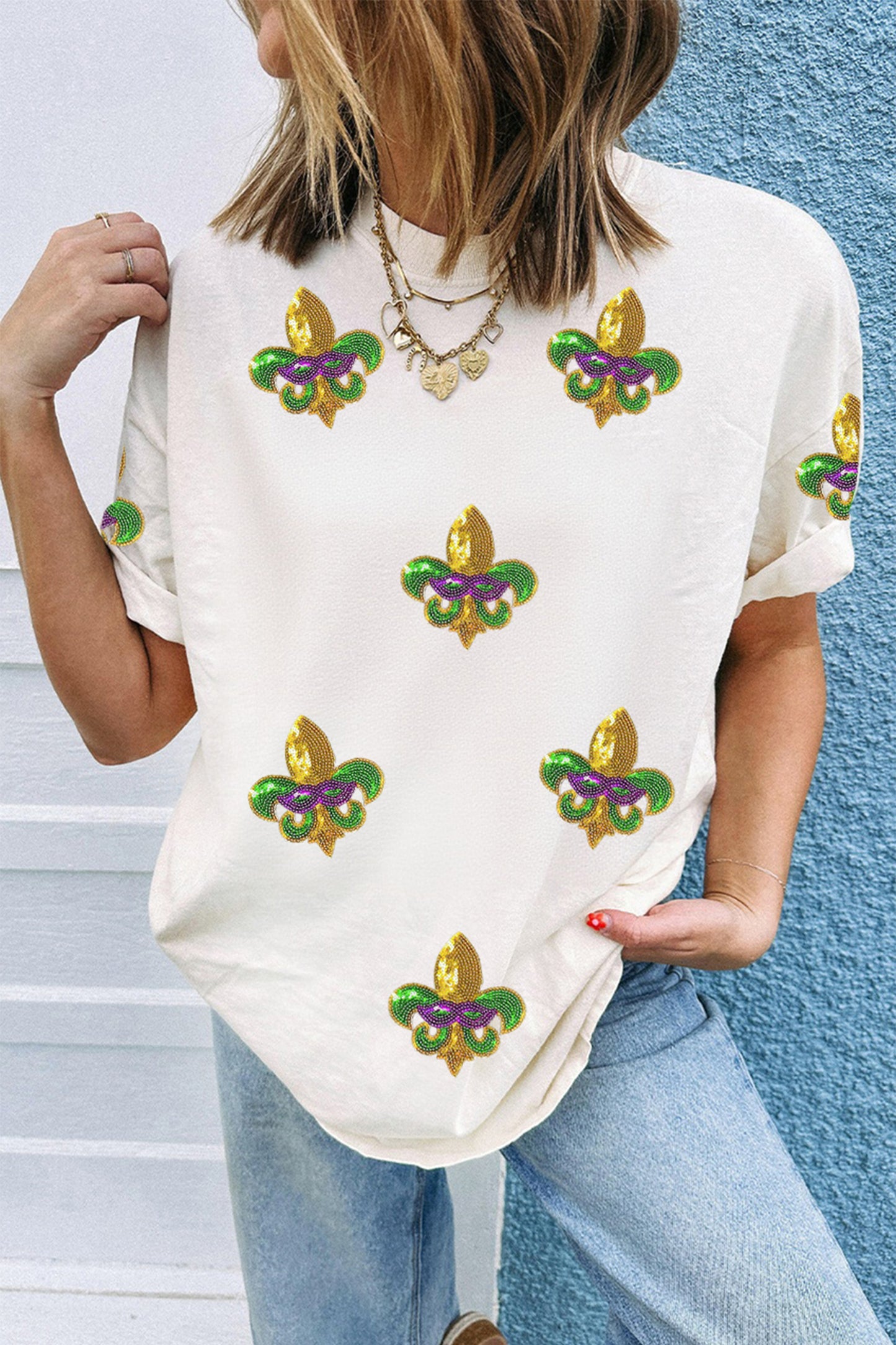 White Mardi Gras Fleur De Lis Patterned T Shirt