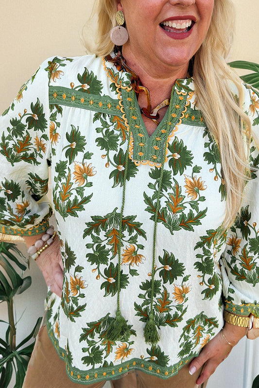 Green Plus Size Floral Print Tassel Tie 3/4 Sleeve Blouse