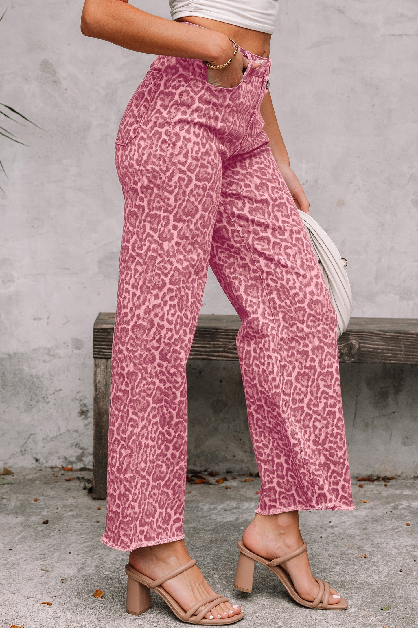 Rose Leopard Frayed Wide Leg High Waist Jeans
