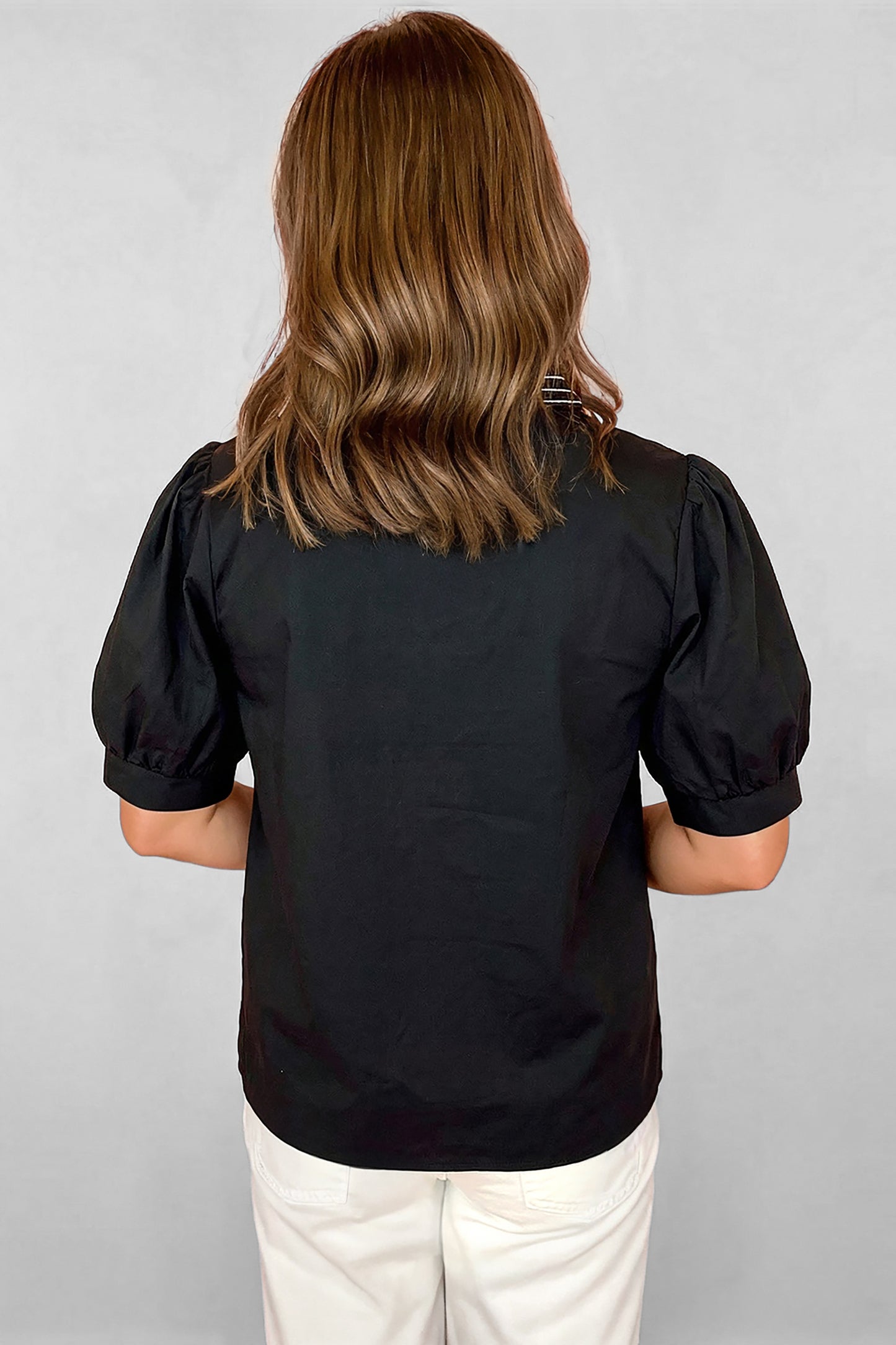 Black Short Puff Sleeve Detail V Neck Blouse