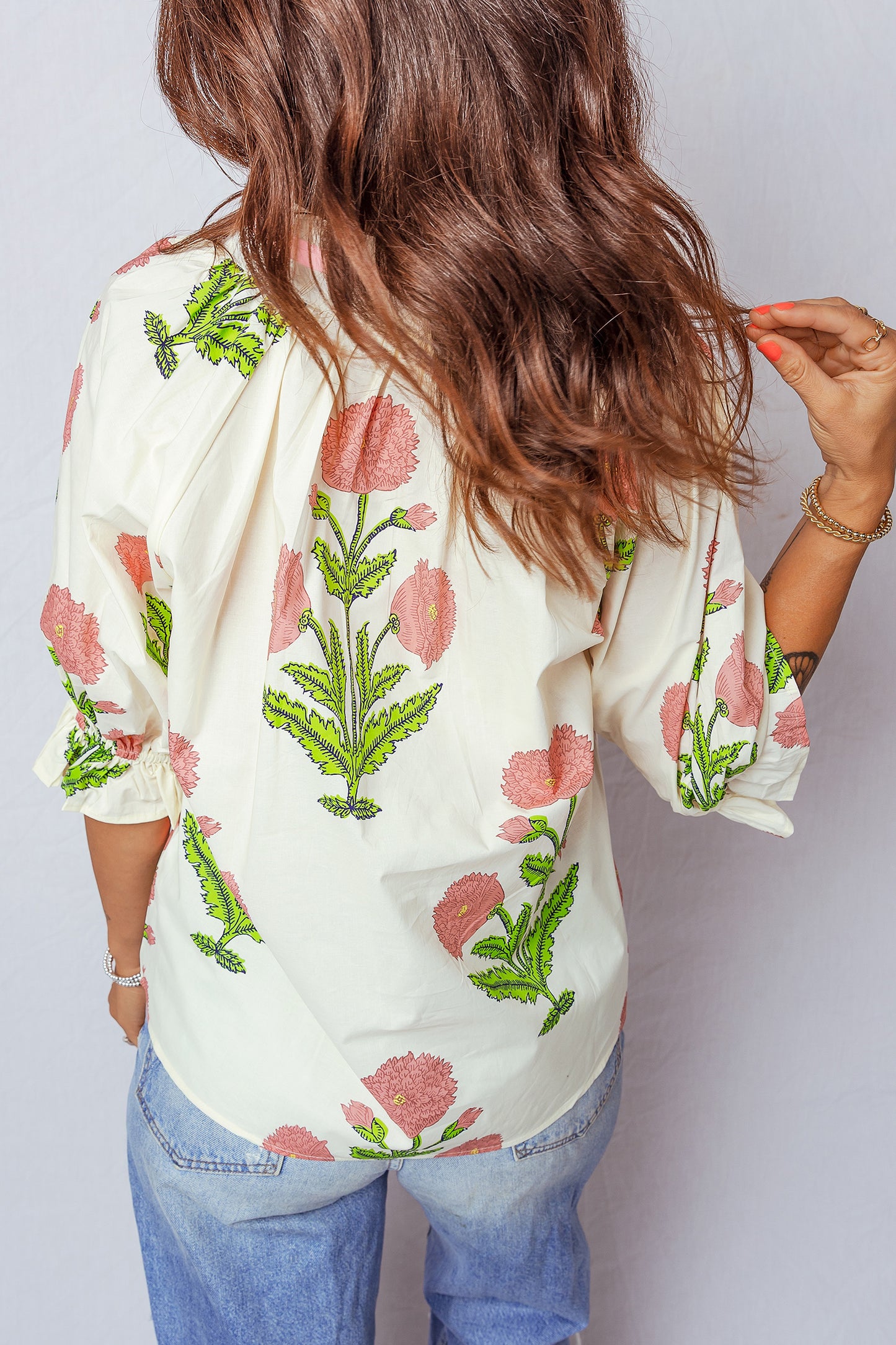 Wild Flower Print V Neck 3/4 Sleeve Blouse