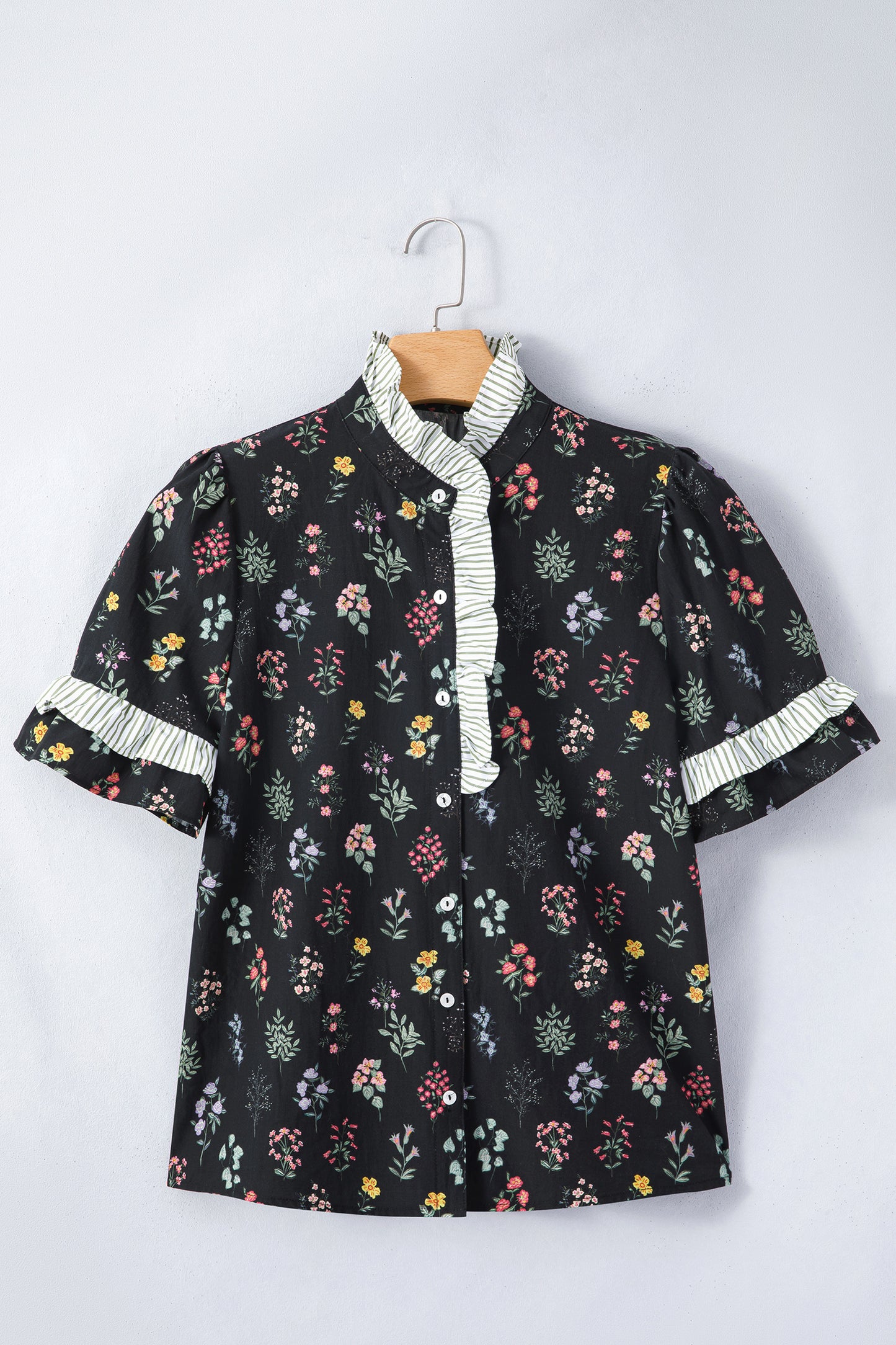 Black Contrast Frilled Trim Short Sleeve Floral Shirt