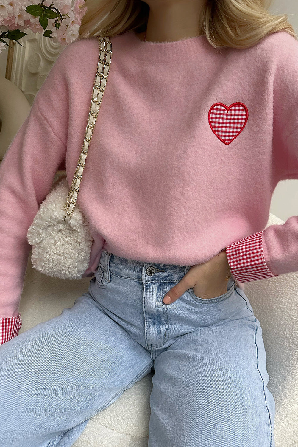Pink Plaid Heart Embroidered Sweater
