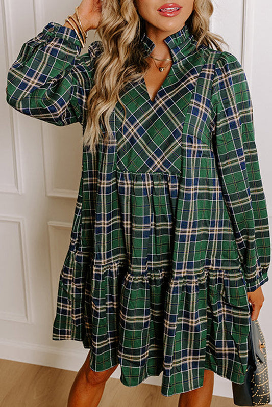 Green Plaid Frill Neck Mini Dress