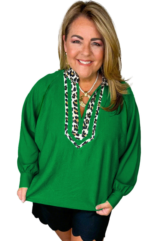 Green Leopard Trim Puff Sleeve Blouse Curvy