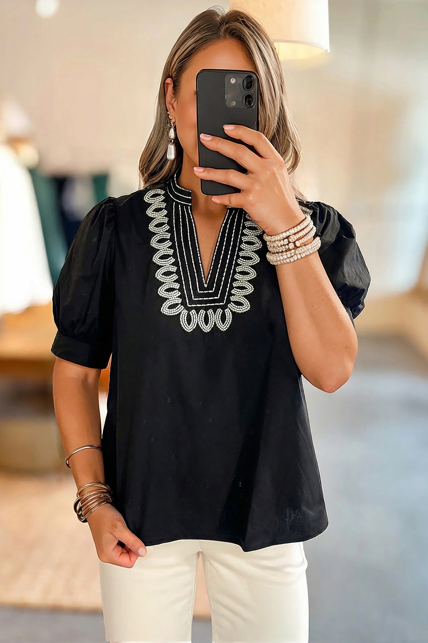 Black Short Puff Sleeve Detail V Neck Blouse