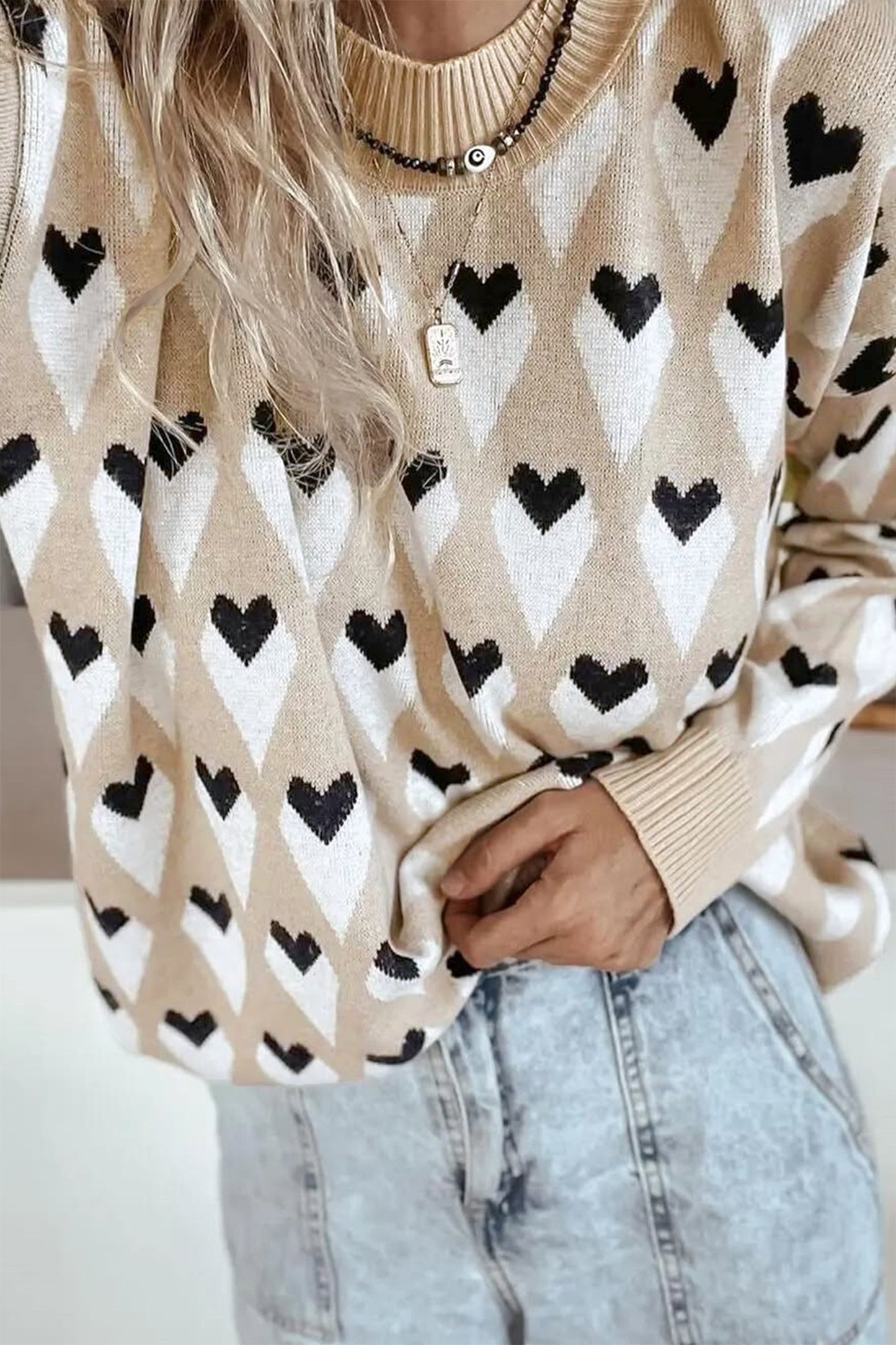 Geometric Heart Print Loose Sweater