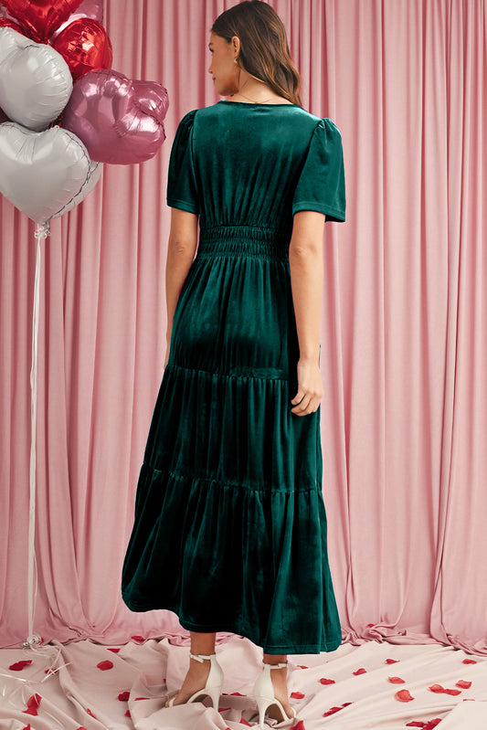 Evergreen Velvet Puff Sleeve Tiered Maxi Dress