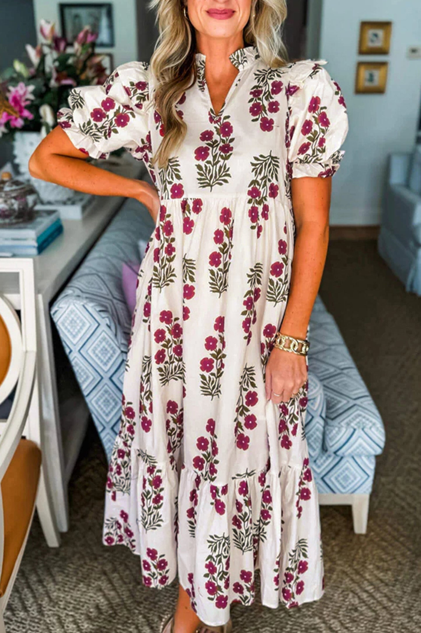 Beige Floral Bubble Sleeve Maxi Dress