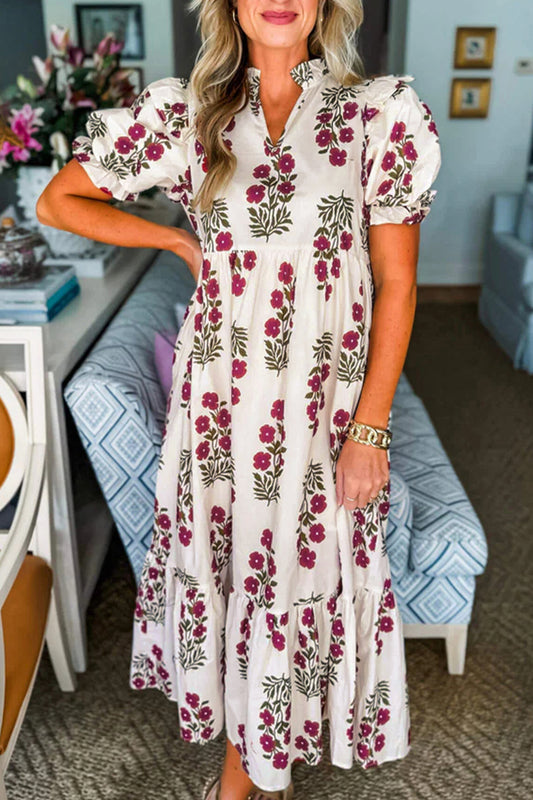 Beige Floral Bubble Sleeve Maxi Dress