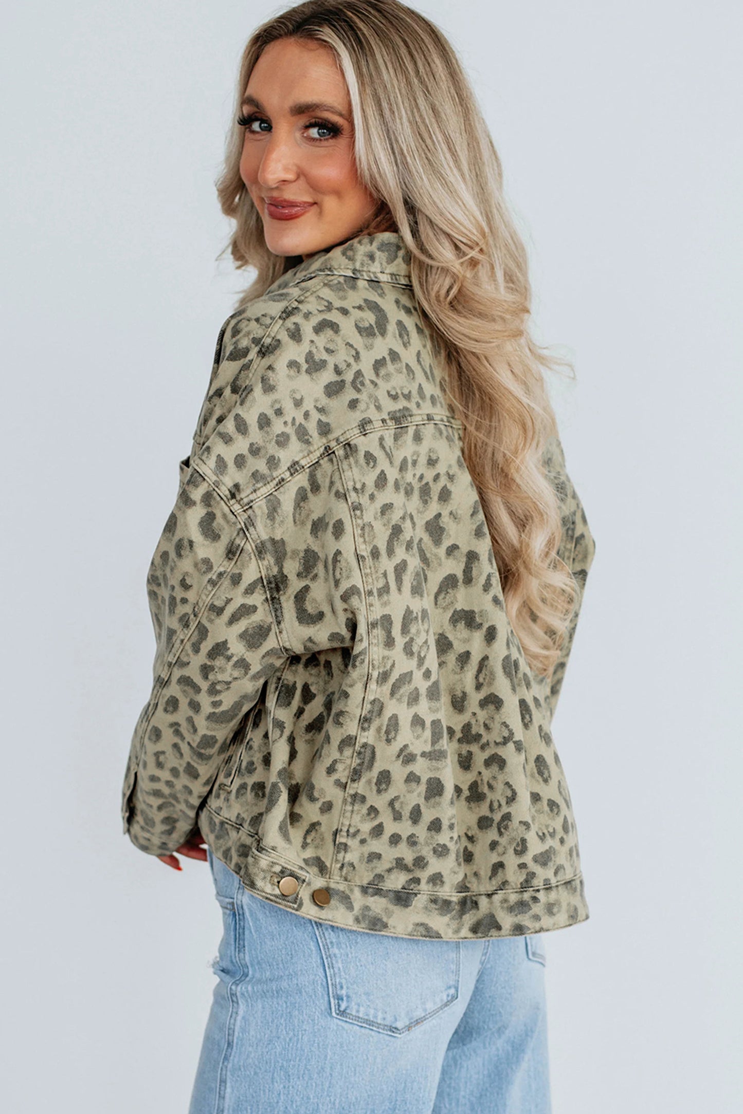 Khaki Retro Leopard Print Seam Detail Button Down Denim Jacket