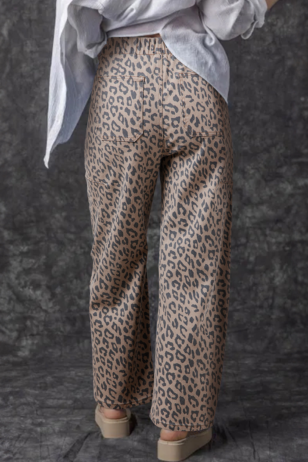 Khaki Leopard Printed Drawstring Elastic Waistband Pocketed Barrel Jeans