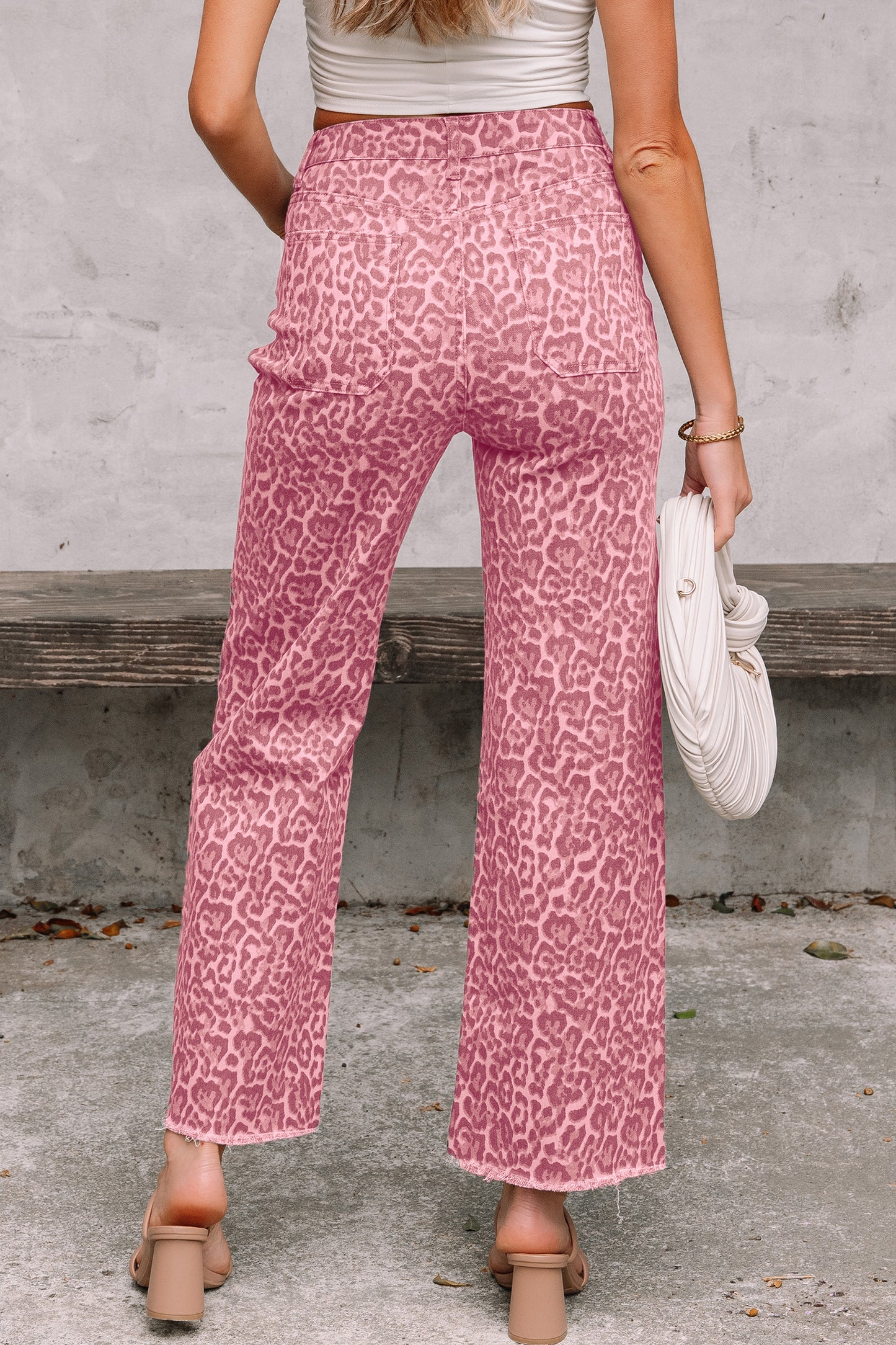 Rose Leopard Frayed Wide Leg High Waist Jeans