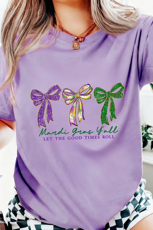 Wisteria Mardi Gras Ribbon Bow Slogan Printed Casual T Shirt