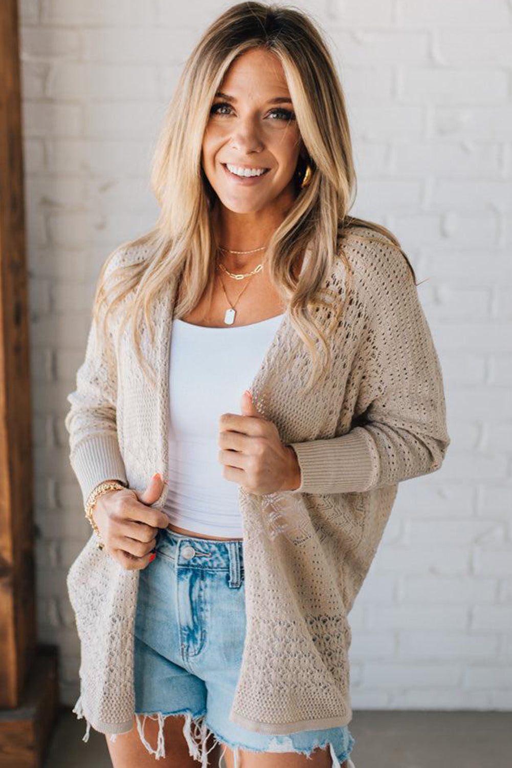 Beige Hollow Knit Cardigan