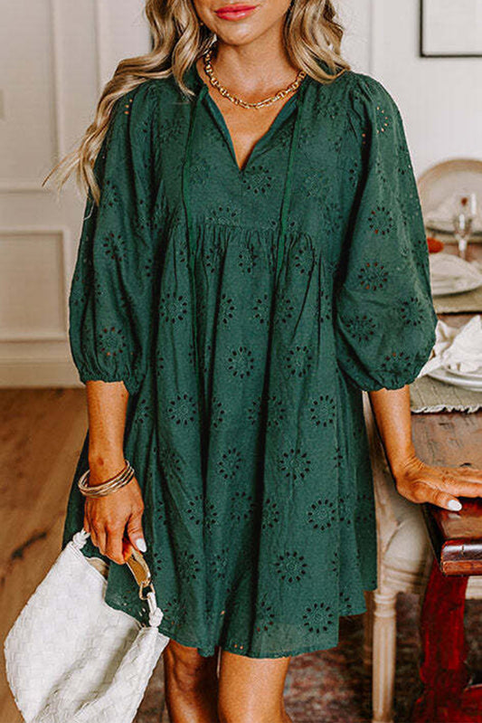 Green Eyelet Pattern Mini Dress