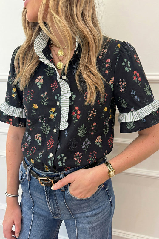 Black Contrast Frilled Trim Short Sleeve Floral Shirt