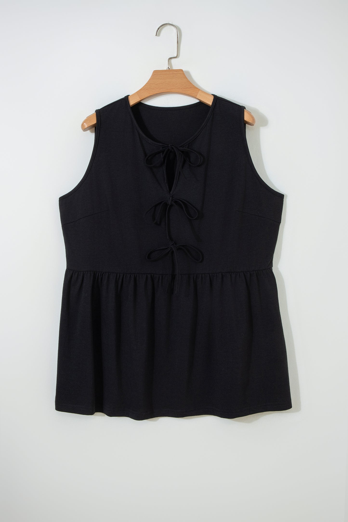Black Plus Size Solid Color Bow Tie Peplum Tank Top