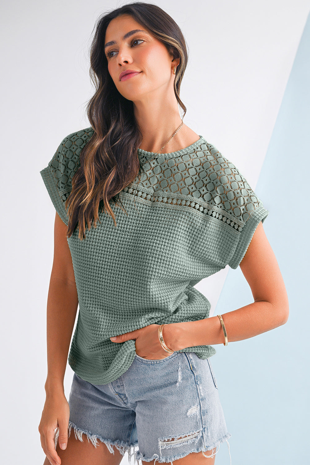 Mist Green Hollow Patchwork Waffle Knit Top