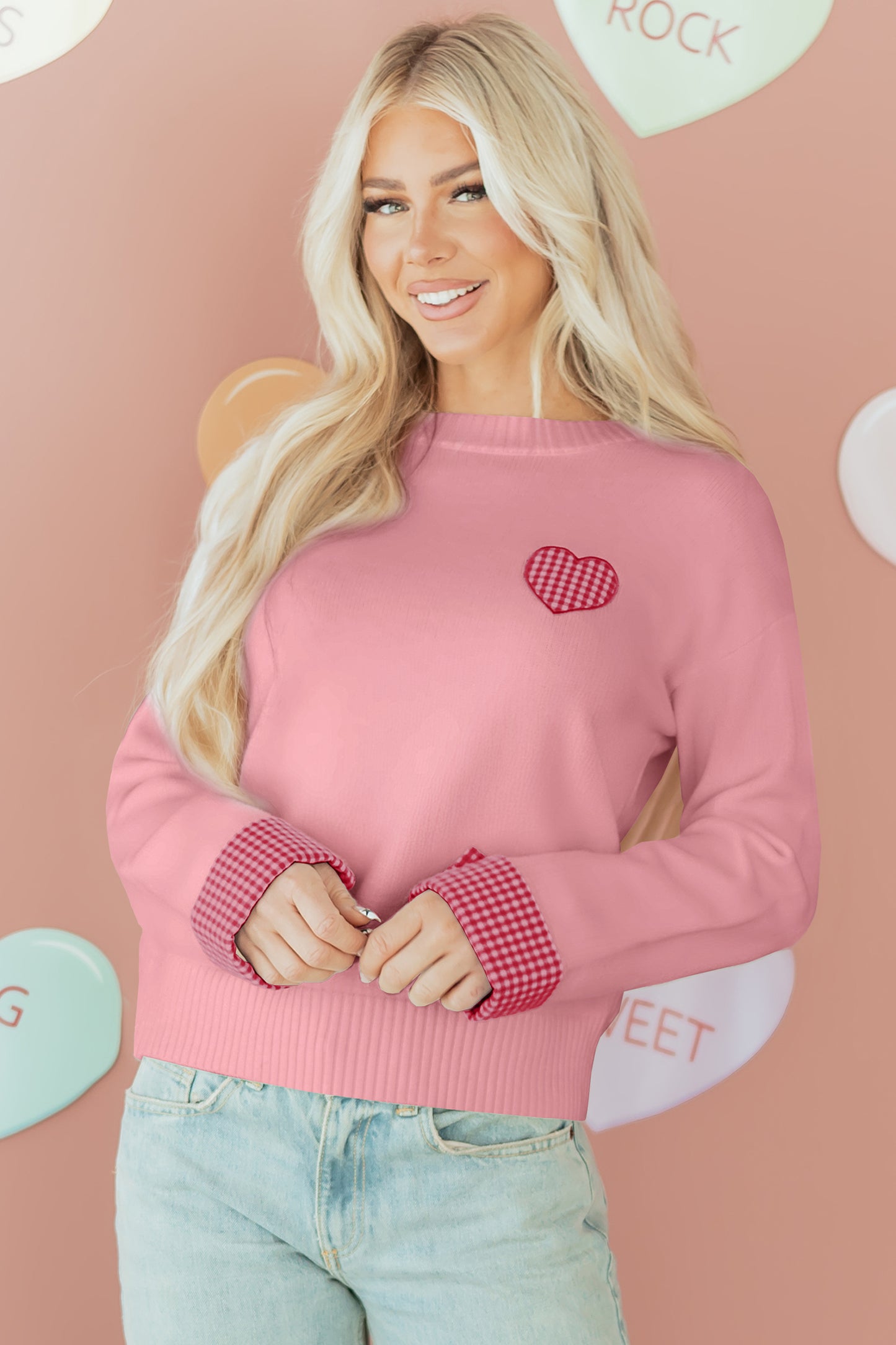 Pink Plaid Heart Embroidered Sweater