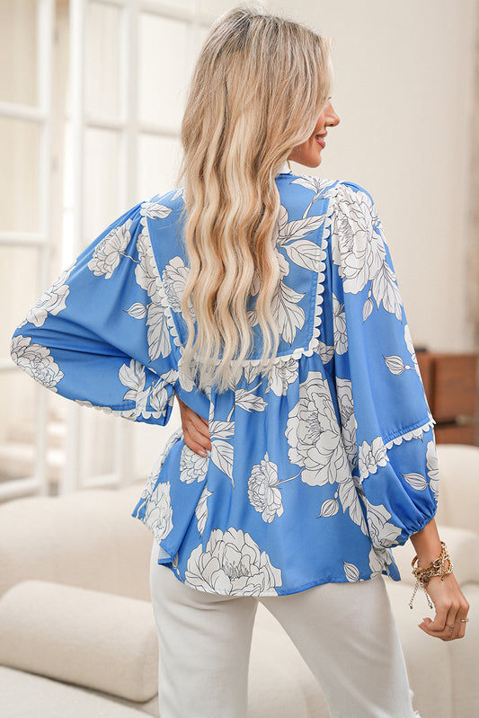 Sky Blue Floral Print V-Neck Scallop Detail Long Sleeve Blouse