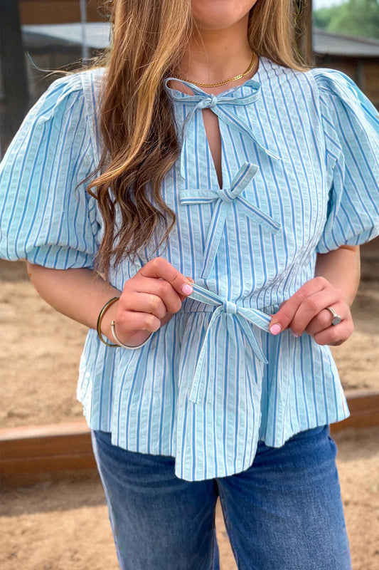 Blue Stripe Bow Knot Short Puff Sleeve Blouse