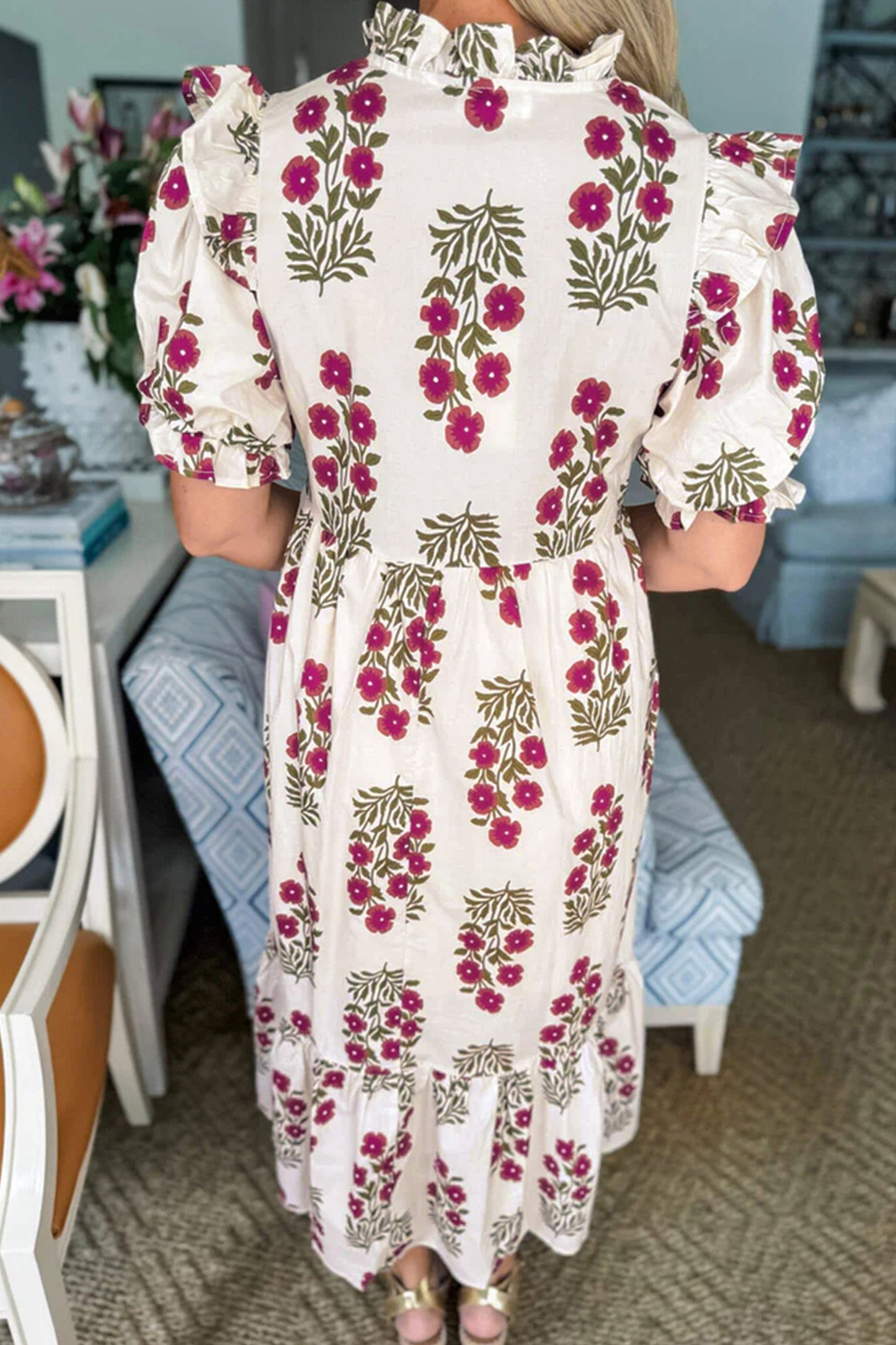 Beige Floral Bubble Sleeve Maxi Dress